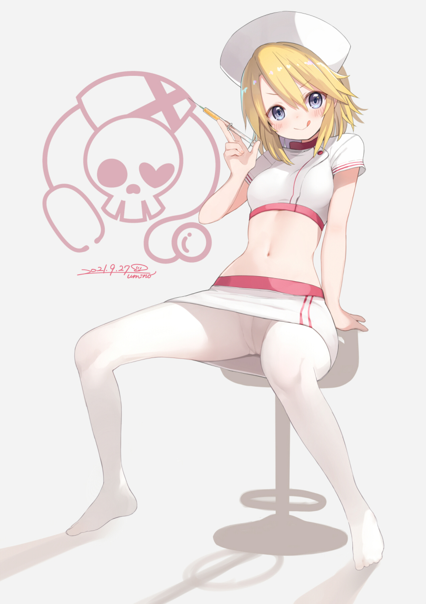 1girl, ;q, arm_support, blush, breasts, closed_mouth, commentary_request, crop_top