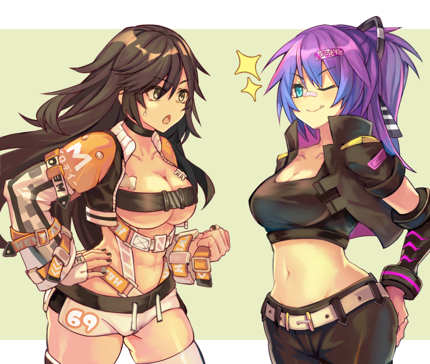 2girls, abs, aqua_eyes, belt, black_eyes, black_hair, black_nails, borrowed_character, breasts, cleavage, commission, cosplay, costume_switch, cowboy_shot, gauntlets, indie_virtual_youtuber, long_hair, long_sleeves, medium_breasts, melody_(projektmelody), micro_shorts, midriff, multiple_girls, nail_polish, navel, one_eye_closed, open_mouth, original, ponytail, purple_hair, raised_eyebrows, sera_(judgemint), short_sleeves, shorts, skeb_commission, smile, virtual_youtuber, vshojo, white_belt, white_shorts, yu_kitsune