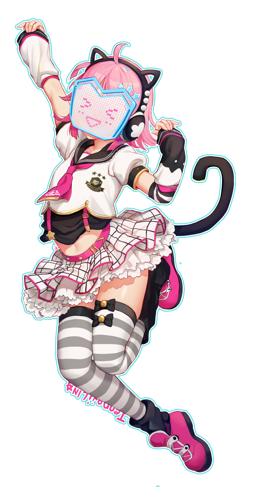 >_<, 1girl, absurdres, animal_ear_headphones, animal_ears, animal_print, arm_warmers, artist_name