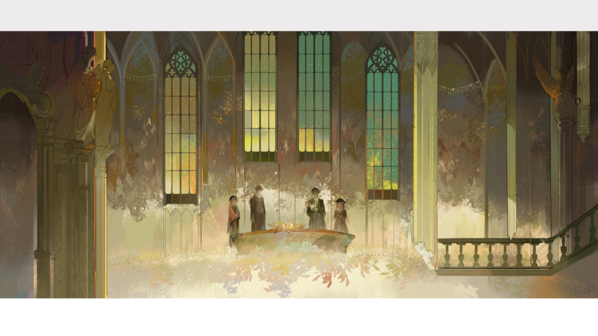 2boys, 2girls, absurdres, angel, angel_wings, black_dress, black_jacket, black_necktie