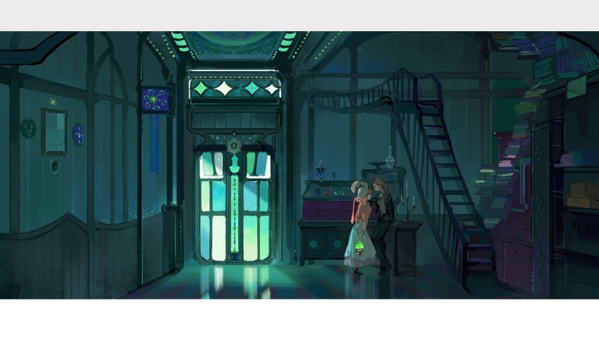 2girls, black_jacket, black_pants, blonde_hair, book, bookshelf, brown_hair, brown_jacket