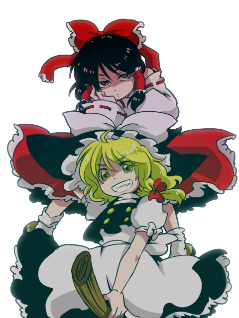 2girls, batako_(artist), female_focus, hakurei_reimu, hat, kirisame_marisa, multiple_girls, ribbon