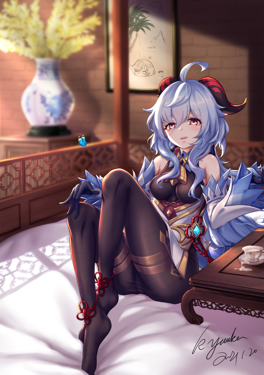 ahoge, bare_shoulders, bed, bell, black_gloves, black_pantyhose, blue_hair, blush