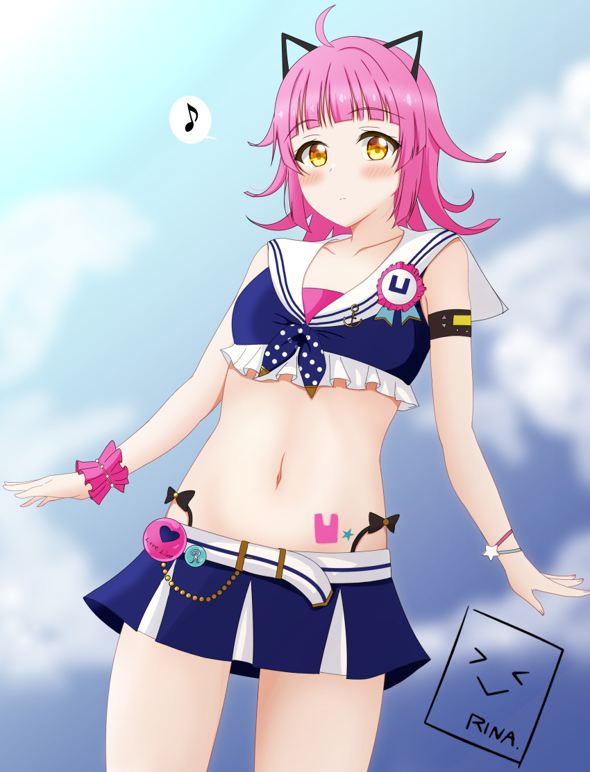 >_<, 1girl, absurdres, anchor_symbol, animal_ear_headphones, animal_ears, armband, artist_name