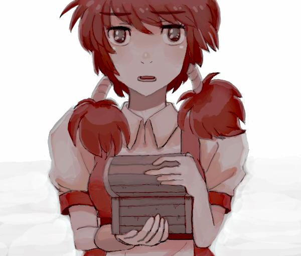 flute_(violinist_of_hameln), pandora's_box_(object), pectorals, pi_oni, red_hair, solo, treasure_chest, twintails, violinist_of_hameln