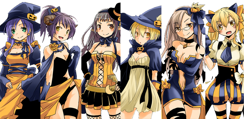 6+girls, alternate_costume, apron, asymmetrical_hair, black-framed_eyewear, black_bow, black_bowtie, black_dress