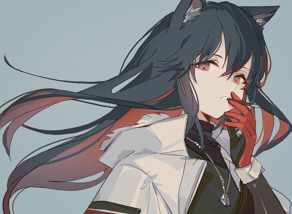 1girl, animal_ears, arknights, awa_iro, black_hair, black_shirt, coat, colored_inner_hair