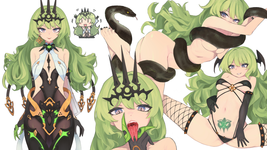 1girl, absurdres, asymmetrical_gloves, bare_shoulders, barefoot, bikini, black_bikini, black_dress, black_gloves, black_nails, black_skirt, breasts, chibi, chibi_inset, claw_ring, cleavage, closed_mouth, crown, dress, earrings, elbow_gloves, fishnet_legwear, fishnets, forked_tongue, gloves, green_hair, grin, highres, honkai_(series), honkai_impact_3rd, jack_(darkshero), jewelry, looking_at_viewer, mismatched_gloves, mobius_(honkai_impact), multiple_views, nail_polish, navel, nude, open_mouth, purple_eyes, simple_background, single_earring, single_sleeve, skirt, sleeveless, sleeveless_dress, smile, snake, spread_legs, swimsuit, tattoo, teeth, toenail_polish, toenails, toes, tongue, tongue_out, wavy_hair, white_background