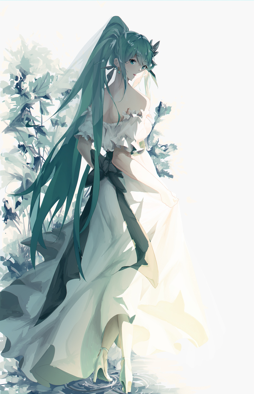 1girl, absurdres, back, dress, female_focus, frills, full_body, green_eyes
