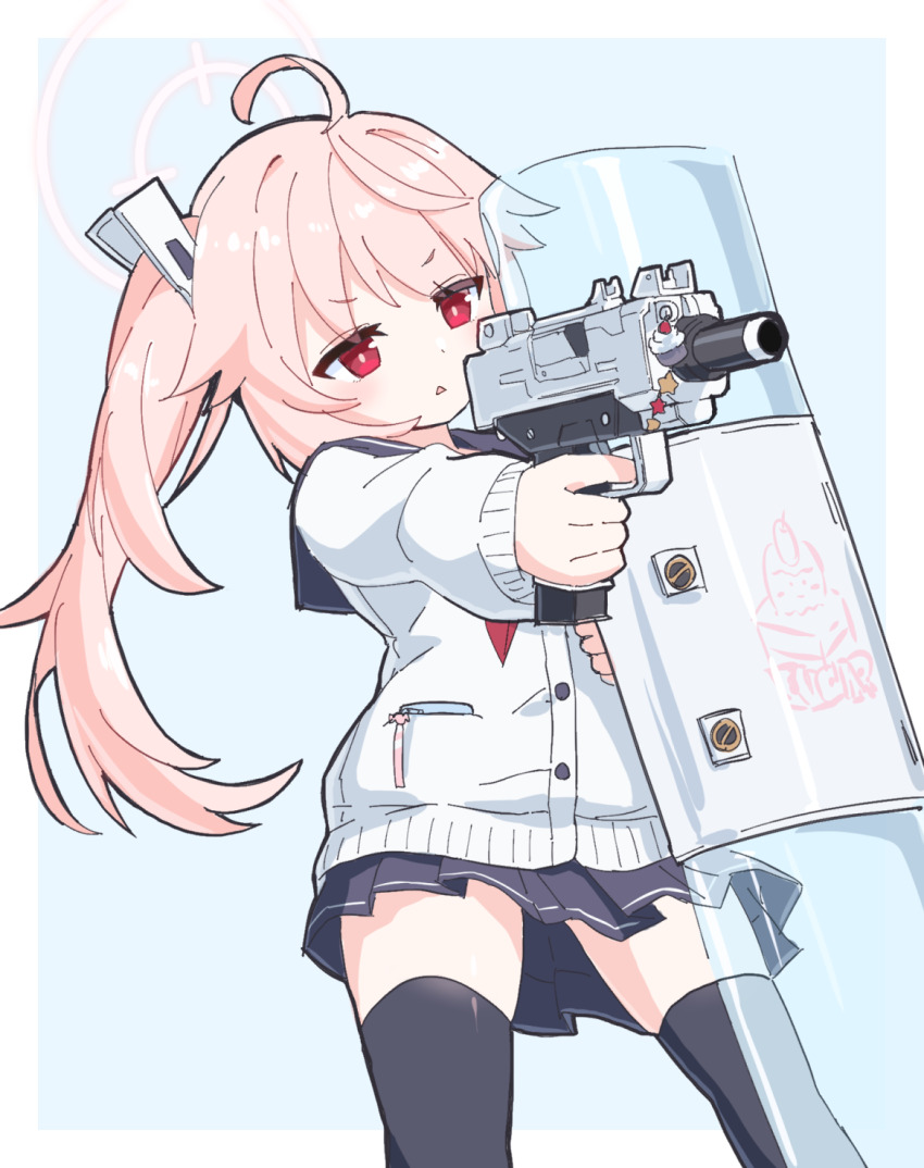 1girl, ahoge, aqua_background, black_thighhighs, blue_archive, commentary_request, cowboy_shot, gun