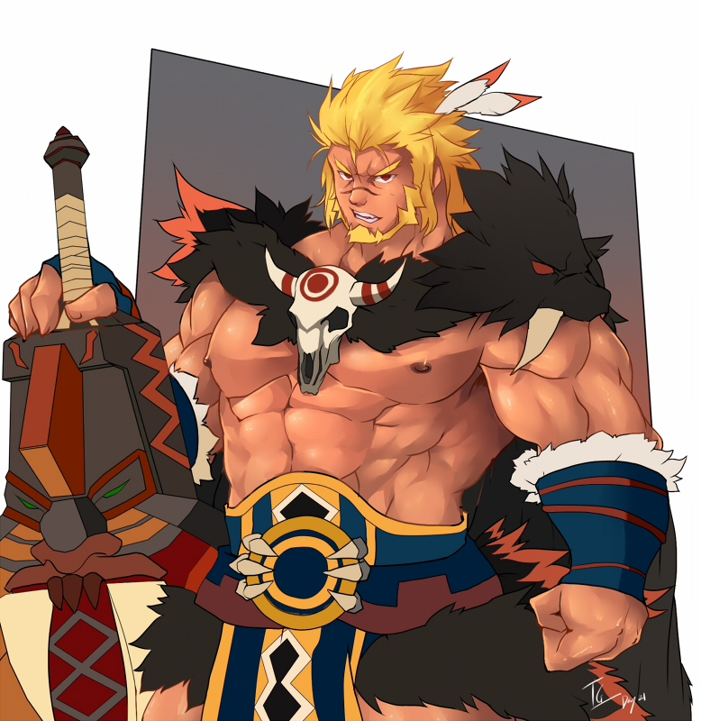1boy, abs, animal_skull, bara, bare_pectorals, beard, blonde_hair, bwanga