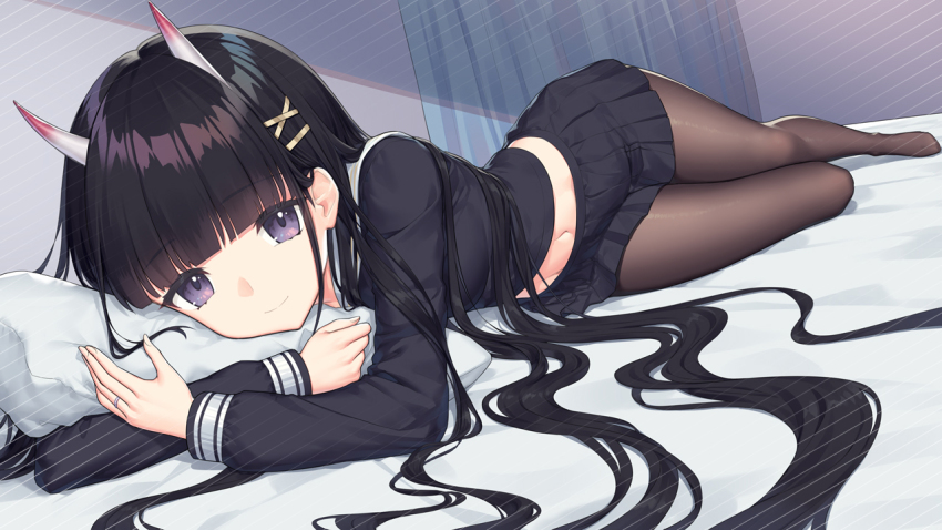 1girl, azur_lane, bed, black_hair, black_pantyhose, black_shirt, black_skirt, blunt_bangs