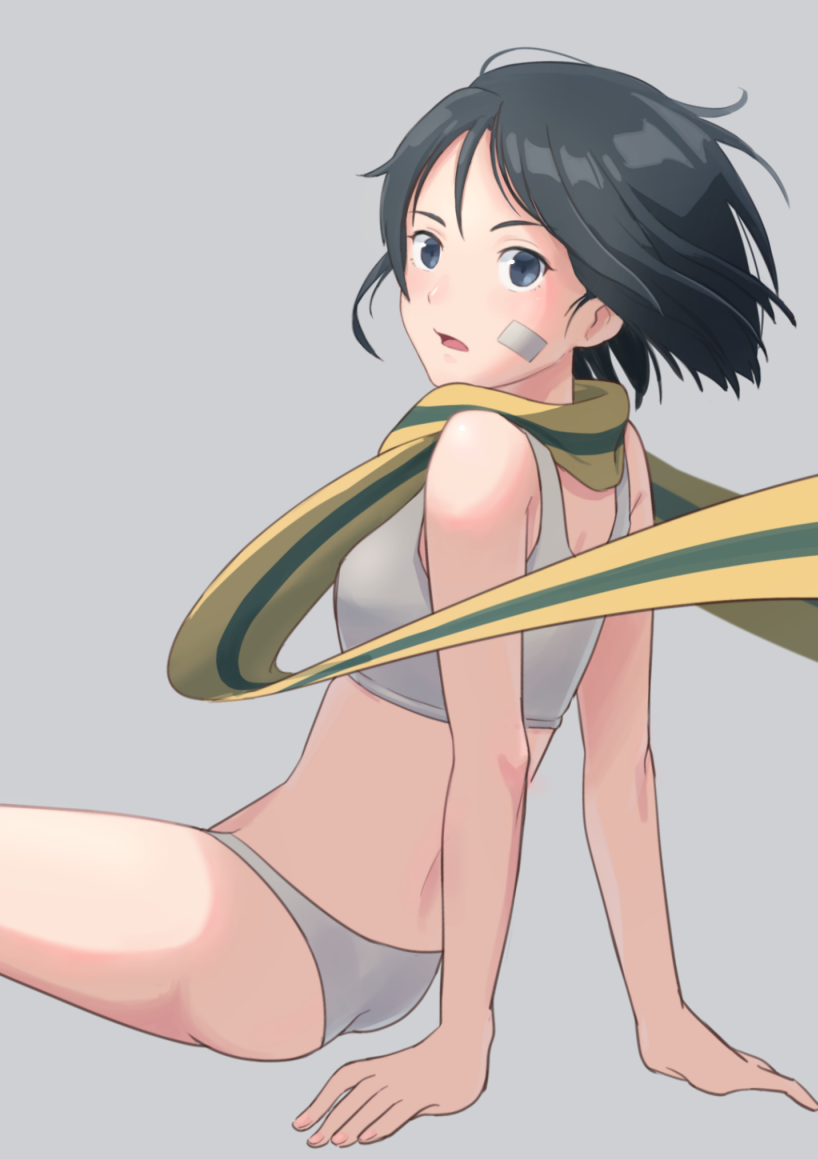 1girl, ass, bandaid, bandaid_on_face, black_hair, blue_eyes, blush, brave_witches, breasts, grey_background, hato_ni_olive_teppou, kanno_naoe, looking_at_viewer, looking_back, open_mouth, panties, scarf, short_hair, simple_background, sitting, small_breasts, solo, sports_bra, underwear, white_panties, white_sports_bra, world_witches_series