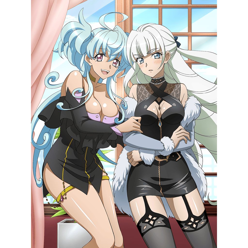 2girls, ahoge, arm_grab, artist_request, black_legwear, blue_eyes, blue_hair, blush, breasts, cagliostro_(symphogear), cleavage, collarbone, drill_hair, garter_straps, green_hair, indoors, large_breasts, long_hair, looking_at_viewer, medium_breasts, multiple_girls, official_art, open_mouth, plant, potted_plant, red_eyes, saint-germain_(symphogear), senki_zesshou_symphogear, smile, thighhighs