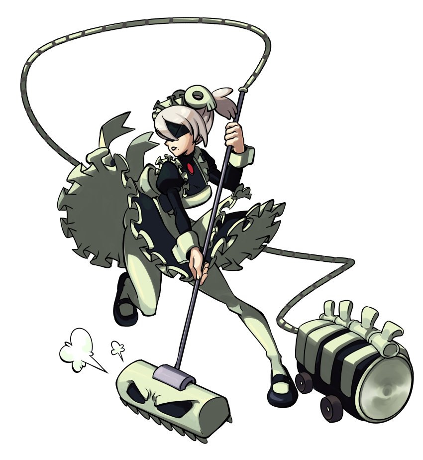 1girl, 2b_(nier:automata), absurdres, apron, blindfold, bloody_marie_(skullgirls), bloody_marie_(skullgirls)_(cosplay), brooch