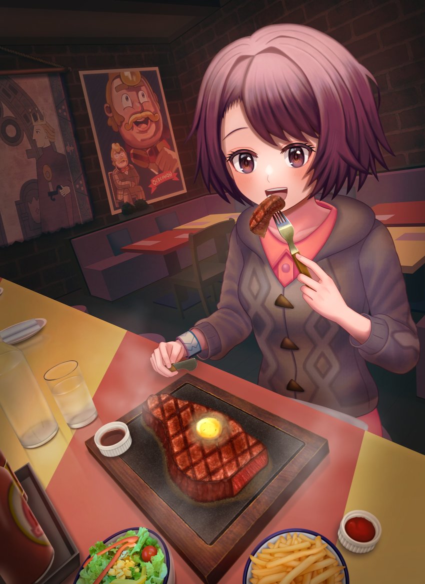 1girl, :d, absurdres, blush, bob_cut, bottle, bowl, brown_eyes