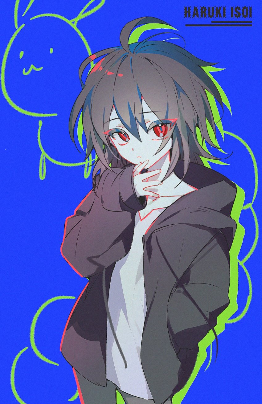 1boy, ahoge, black_hoodie, black_jacket, brown_hair, character_name, closed_mouth, hajun_ff