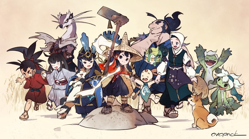 4boys, 4girls, animal, ashigumo, black_eyes, black_hair, cat, commentary_request