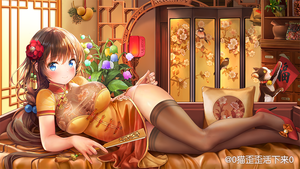 1girl, blue_eyes, blush, breasts, brown_hair, cat, china_dress, chinese_clothes