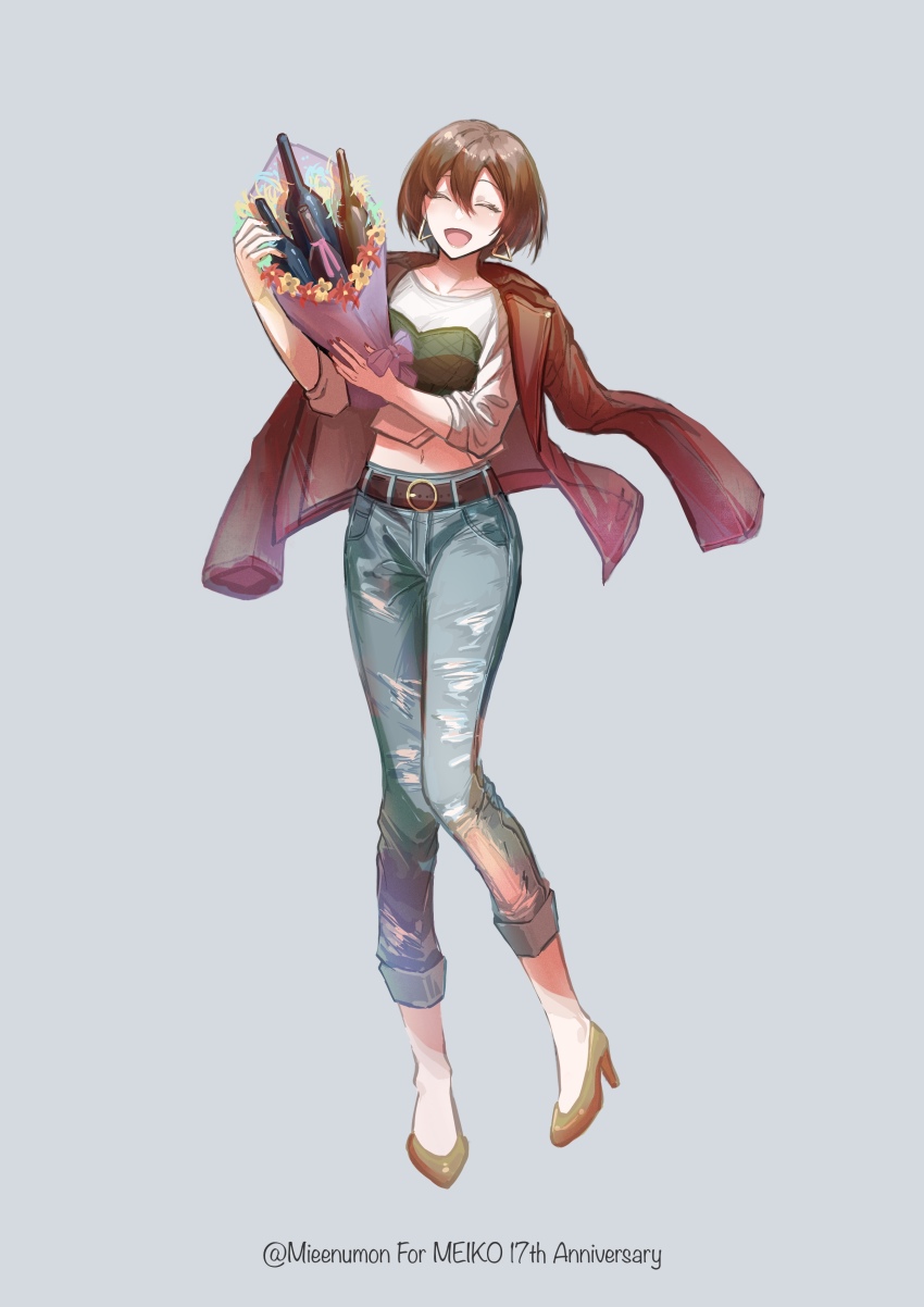 1girl, :d, ^_^, absurdres, alcohol, bottle, brown_eyes, brown_hair, closed_eyes, denim, earrings, high_heels, highres, jacket, jacket_on_shoulders, jeans, jewelry, meiko_(vocaloid), midriff, nobinobida, hugging_object, open_mouth, pants, project_sekai, short_hair, smile, solo, vivid_bad_squad_meiko, vocaloid, wine_bottle