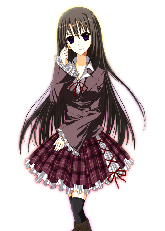 00s, 1girl, akaba_chizuru, bad_id, bad_pixiv_id, black_hair, blue_eyes, bow, female_focus, gradient_background, long_hair, school_uniform, seitokai_no_ichizon, shika0202, skirt, smile, solo, thighhighs, very_long_hair, white_background, zettai_ryouiki