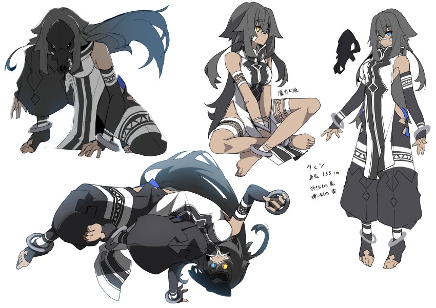 1girl, absurdres, anklet, arm_tattoo, bad_id, bad_pixiv_id, bandaid, bandaid_on_cheek, bandaid_on_face, bandaid_on_nose, bare_shoulders, barefoot, between_legs, black_hair, black_pants, bracer, breasts, clothing_cutout, covered_face, dark-skinned_female, dark_skin, detached_sleeves, empty_eyes, fingerless_gloves, floating_hair, gloves, hand_between_legs, heterochromia, highres, indian_style, jewelry, jumping, large_breasts, leg_tattoo, long_hair, looking_at_viewer, looking_down, mask, multiple_views, no_pants, no_shoes, on_one_knee, original, pants, pelvic_curtain, sidelocks, simple_background, sitting, sleeveless, standing, tattoo, toeless_legwear, turtleneck, v_arms, very_long_hair, white_background, yamunashi_(soregoshi), yellow_eyes