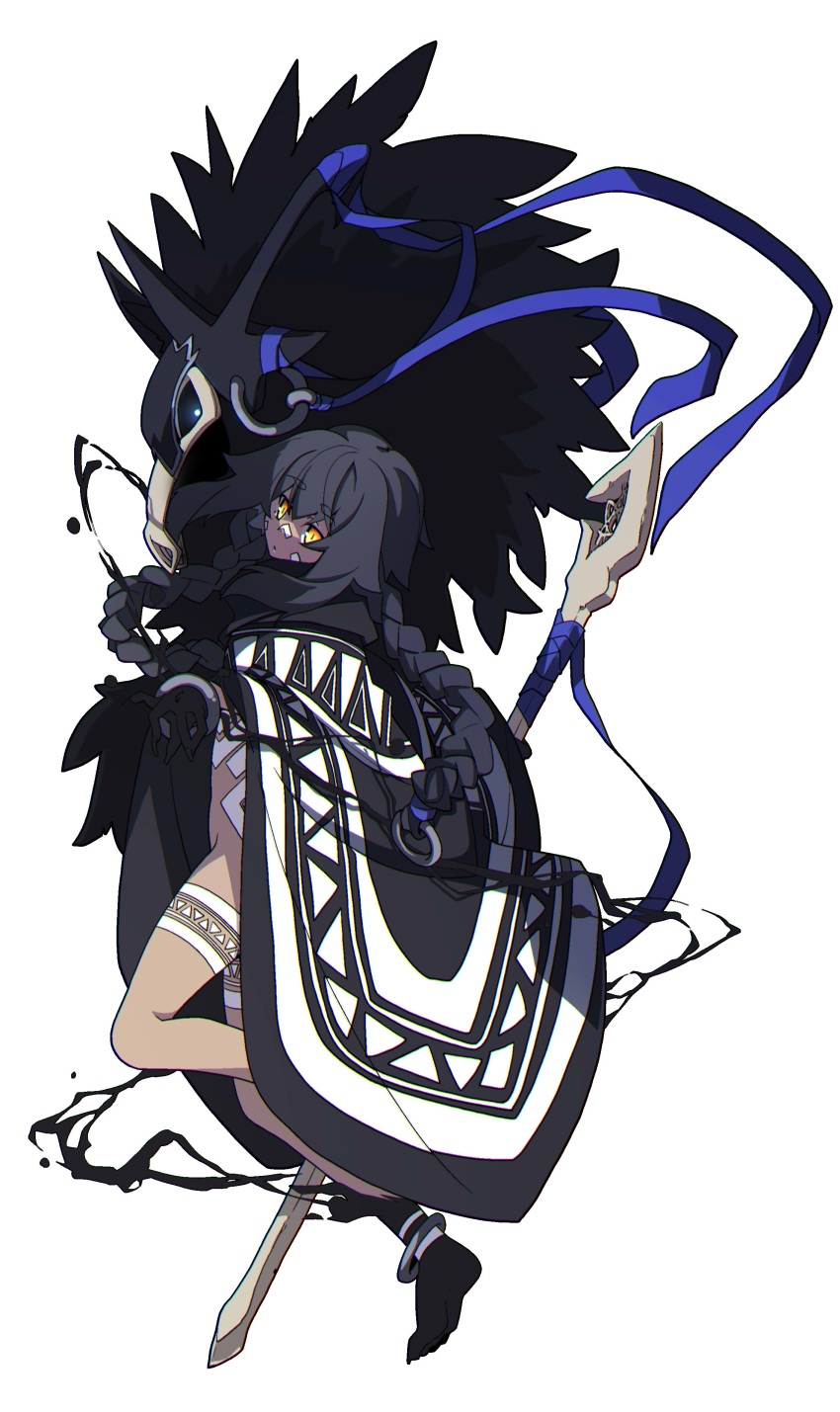 1girl, 1other, absurdres, anklet, bad_id, bad_pixiv_id, bandaid, bandaid_on_cheek, bandaid_on_face, bandaid_on_nose, barefoot, black_gloves, black_hair, bracelet, braid, dark-skinned_female, dark_skin, dissolving, full-body_tattoo, full_body, gloves, gradient_eyes, highres, holding, holding_sword, holding_weapon, jewelry, leg_tattoo, long_hair, looking_to_the_side, monster, multicolored_eyes, naked_poncho, orange_eyes, outstretched_arms, pixiv_fantasia, pixiv_fantasia_mountain_of_heaven, poncho, ring_hair_ornament, sidelocks, simple_background, sword, tattoo, twin_braids, twintails, very_long_hair, weapon, white_background, yamunashi_(soregoshi), yellow_eyes