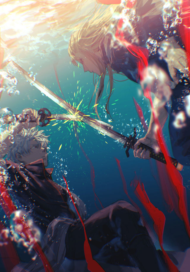 2boys, clash, fighting, gintama, hair_slicked_back, holding, holding_sword, holding_weapon