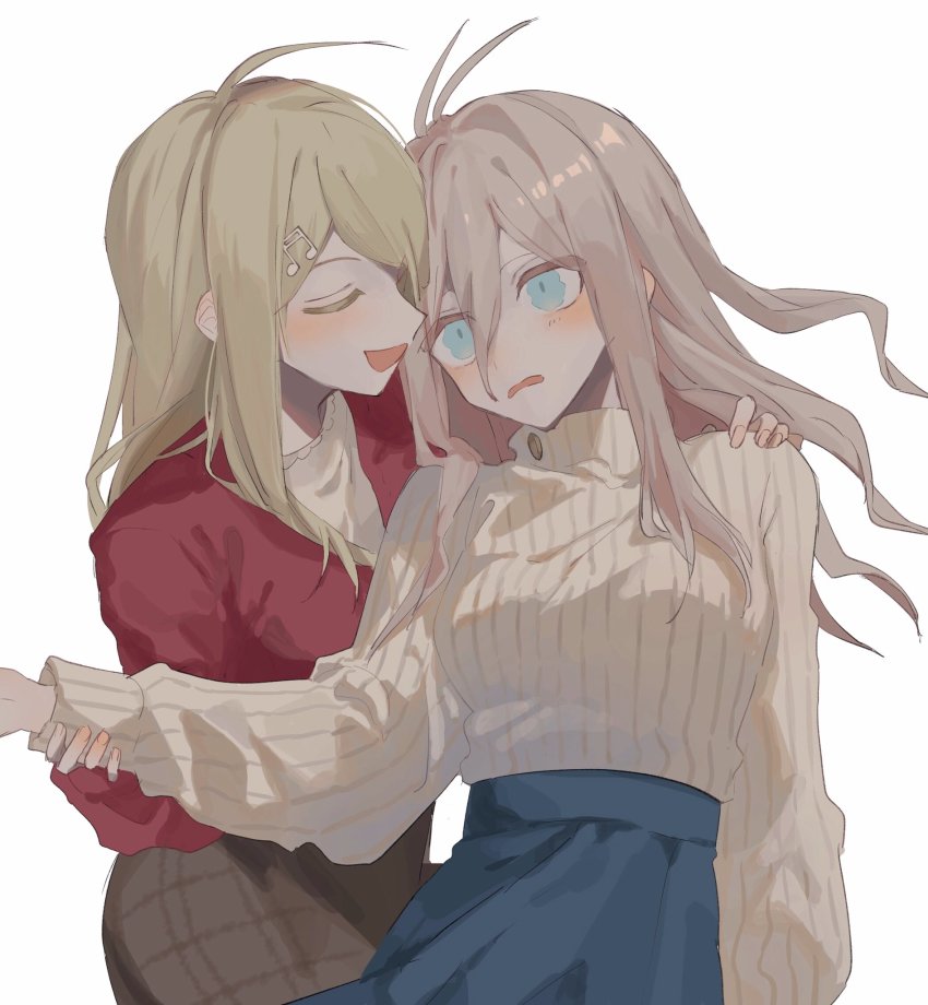 2girls, :d, ahoge, akamatsu_kaede, antenna_hair, blonde_hair, blush, brown_skirt