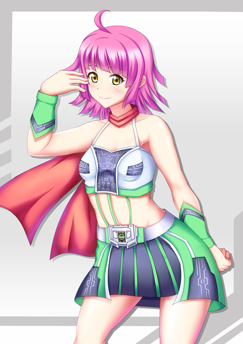 1girl, artist_name, bare_legs, bare_shoulders, belt, bikini, blush, breasts, brown_eyes, cape, collarbone, cosplay, female_focus, ganbarider, gedooman, green_skirt, kamen_rider, kamen_rider_battle:_ganbaride, kamen_rider_battle:_ganbarising, looking_at_viewer, love_live!, love_live!_nijigasaki_high_school_idol_club, medium_breasts, miniskirt, parted_lips, pink_hair, plaid_clothes, plaid_skirt, pleated, pleated_skirt, red_cape, red_scarf, scarf, short_hair, skirt, smile, solo, string_bikini, swimsuit, tennoji_rina, white_belt, white_bikini, yellow_eyes
