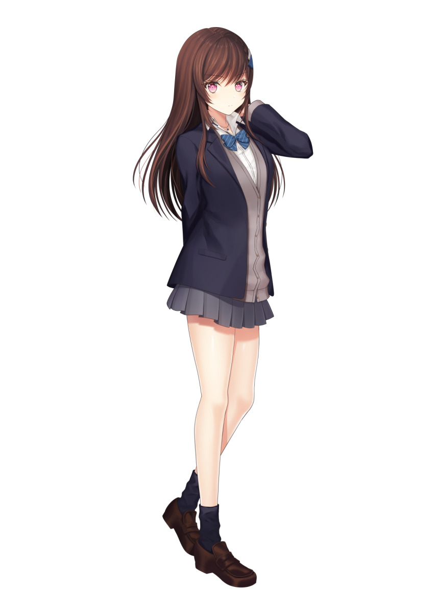 1girl, bag, black_jacket, black_socks, blue_bow, blue_bowtie, bow, bowtie