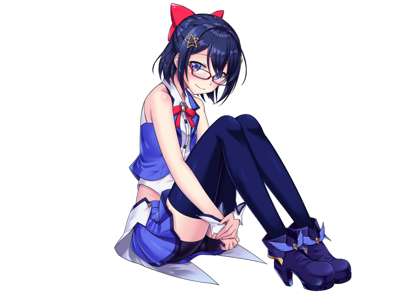 1girl, a-chan_(hololive), absurdres, bike_shorts, black_shorts, blue_eyes, blue_hair, blue_jacket, blue_skirt, blue_thighhighs, blush, bow, closed_mouth, collared_shirt, dress_shirt, full_body, glasses, hair_bow, hair_intakes, hair_ornament, high_heels, highres, hololive, hugging_own_legs, jacket, looking_at_viewer, looking_over_eyewear, mikannsisyou, miniskirt, neck_ribbon, open_clothes, open_jacket, pleated_skirt, purple_footwear, red-framed_eyewear, red_bow, red_ribbon, ribbon, shirt, short_hair, short_shorts, shorts, shorts_under_skirt, simple_background, sitting, skirt, sleeveless, sleeveless_jacket, sleeveless_shirt, smile, solo, star_(symbol), star_hair_ornament, thighhighs, tokino_sora, tokino_sora_(1st_costume), virtual_youtuber, white_background, white_shirt, wing_collar