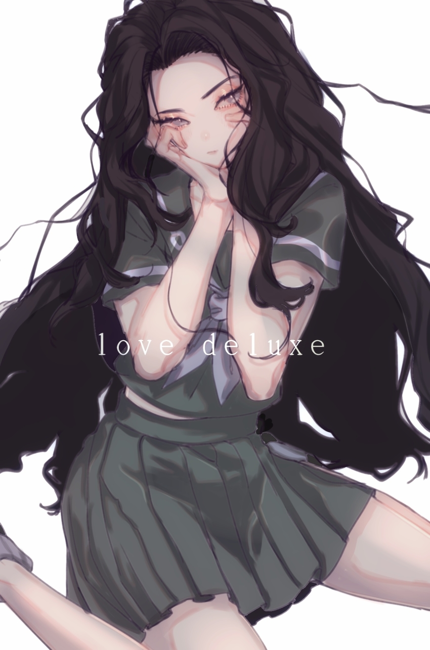 1girl, black_hair, blouse, commentary, diamond_wa_kudakenai, green_shirt, green_skirt, grey_eyes