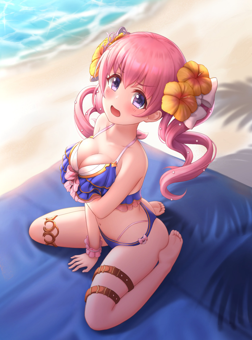 1girl, arm_under_breasts, barefoot, beach_towel, bikini, blue_bikini, blush, breasts