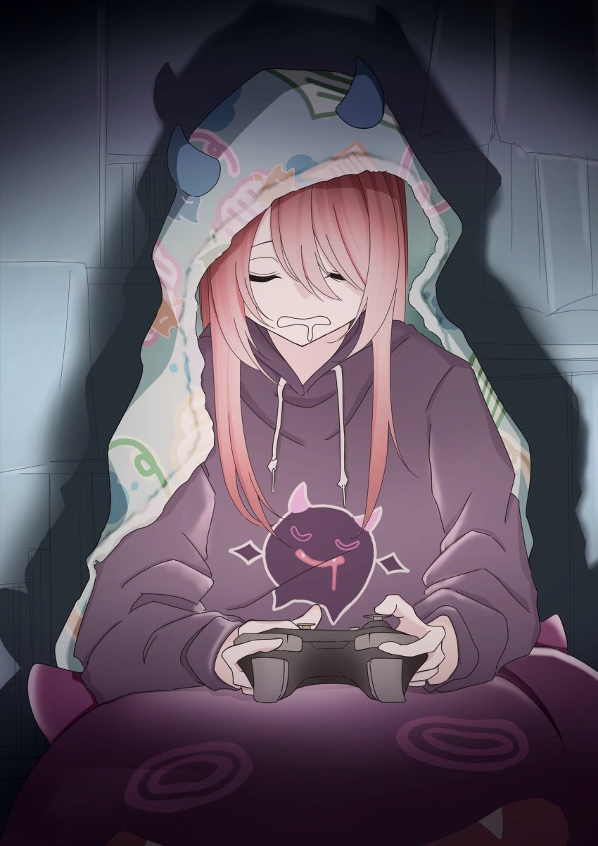 1girl, controller, cushion, debi_tarou, demon_horns, drooling, game_controller, highres