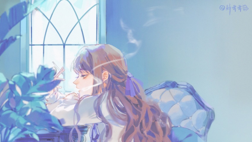 1girl, allsinbad, blue_eyes, brown_hair, chinese_commentary, cigarette, commentary_request, earrings, fors_wall, highres, indoors, jewelry, long_hair, lord_of_the_mysteries, plant, purple_neckwear, resting, ribbon, seat, signature, smoke, smoke_trail, smoking, solo, table, wall, window
