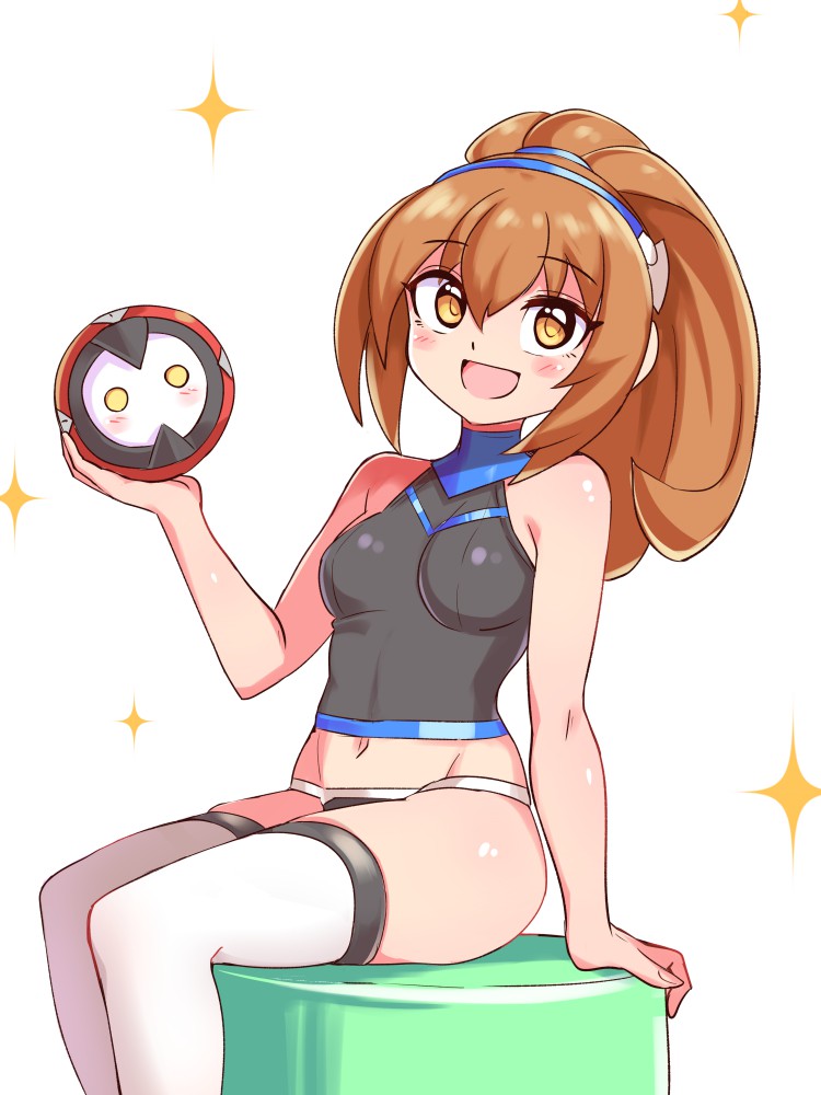 1girl, :d, azure_striker_gunvolt, bare_shoulders, black_shirt, blush, breasts, brown_eyes