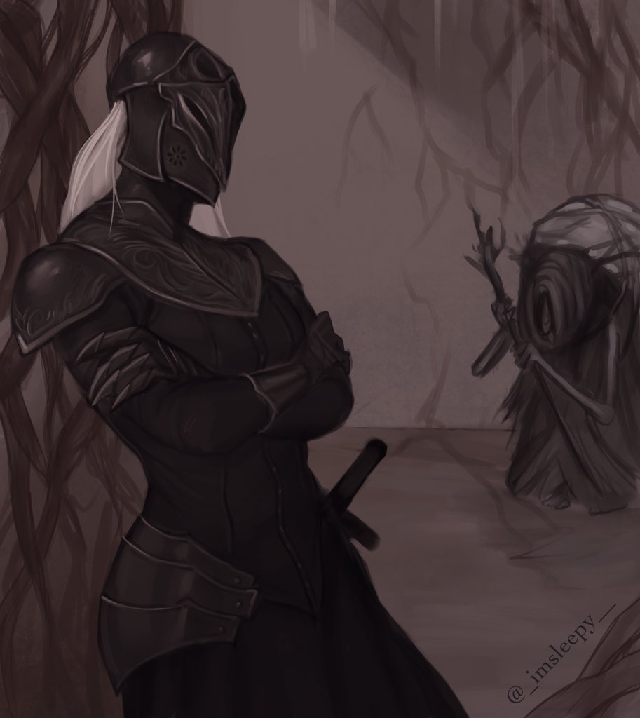 1boy, 1girl, armor, armored_dress, black_armor, covered_face, dark_souls_(series), dark_souls_iii, dress, gauntlets, gorget, helm, helmet, long_hair, outdoors, sleepysolaire, sword, tree, weapon, white_hair, yoel_of_londor, yuria_of_londor