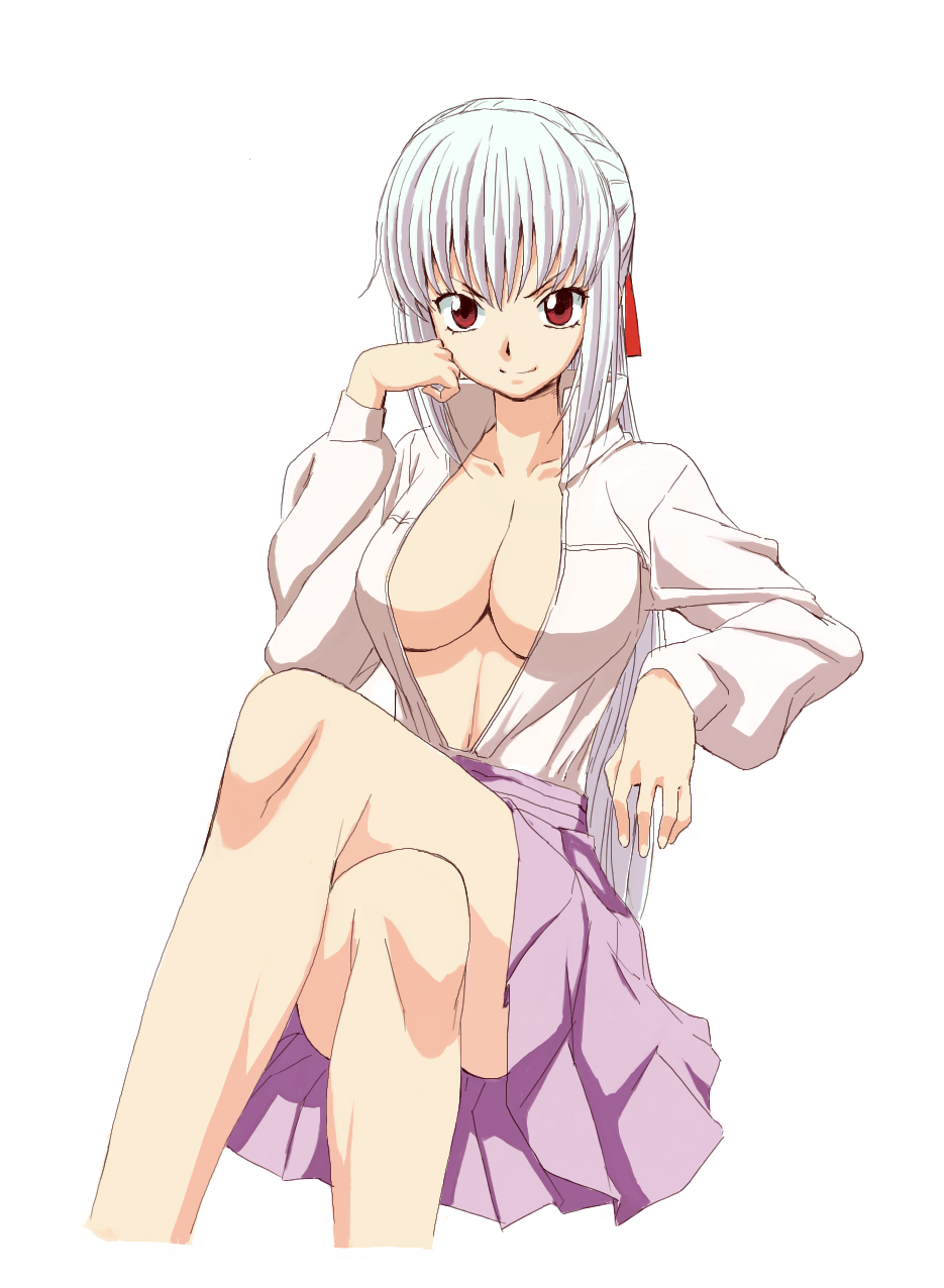 00s, 1girl, breasts, center_opening, cleavage, crossed_legs, female_focus, fujimoto_satoru, head_rest, highres, large_breasts, no_bra, simple_background, sitting, skirt, smile, solo, tsubomi_fujiko, zettai_karen_children