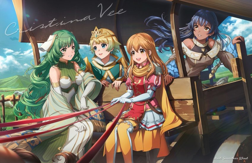 4girls, animal, armor, artist_name, athena_(fire_emblem), bare_shoulders, black_hair, blonde_hair, blue_eyes, blue_hair, blue_sky, braid, brown_dress, brown_eyes, cape, chariot, cloud, commentary, commission, cristina_valenzuela, crown_braid, dark-skinned_female, dark_skin, day, detached_sleeves, dress, earrings, elbow_gloves, english_commentary, english_text, fire_emblem, fire_emblem:_genealogy_of_the_holy_war, fire_emblem:_mystery_of_the_emblem, fire_emblem:_new_mystery_of_the_emblem, fire_emblem_echoes:_shadows_of_valentia, fire_emblem_heroes, fjorm_(fire_emblem), floating_hair, frilled_sleeves, frills, gloves, gradient_hair, grass, green_dress, green_eyes, green_hair, grin, hair_between_eyes, hair_ornament, highres, jewelry, kaze-hime, lachesis_(fire_emblem), long_hair, looking_at_another, looking_away, miniskirt, mountainous_horizon, multicolored_hair, multiple_girls, nintendo, off_shoulder, open_mouth, puffy_short_sleeves, puffy_sleeves, ribbed_dress, sheep, short_hair, short_sleeves, shoulder_armor, sidelocks, sitting, skirt, sky, sleeveless, sleeveless_dress, smile, tatiana_(fire_emblem), teeth, tiara, turtleneck, two-tone_hair, upper_teeth_only, very_long_hair, voice_actor_connection, white_dress, white_gloves, white_skirt, yellow_cape, yellow_eyes, yellow_legwear