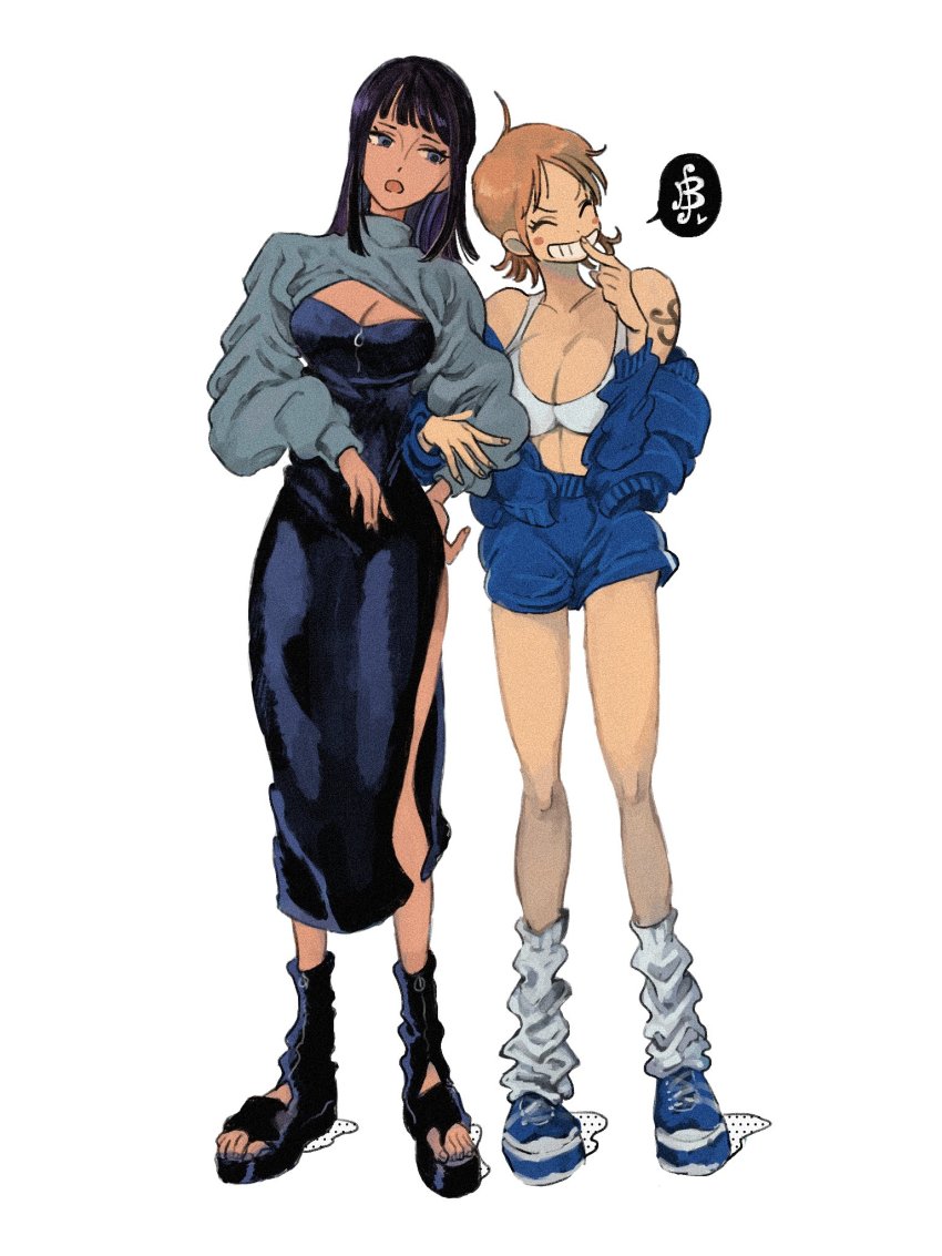 2girls, ahoge, alternate_costume, arm_tattoo, black_dress, black_footwear, black_hair, blue_eyes, blue_footwear, blue_jacket, blue_shorts, blush_stickers, boots, bra, breasts, cleavage, commentary, dress, full_body, grin, hand_on_own_hip, hand_to_own_mouth, highres, jacket, locked_arms, looking_at_another, looking_to_the_side, makenevemoiine, medium_breasts, medium_hair, multiple_girls, nami_(one_piece), nico_robin, off_shoulder, one_piece, open_clothes, open_jacket, open_mouth, orange_hair, parted_bangs, platform_footwear, shoes, short_hair, short_shorts, shorts, shrug_(clothing), side_slit, simple_background, smile, sneakers, socks, sports_bra, standing, straight_hair, tattoo, teeth, toes, underwear, white_background, white_bra, white_legwear