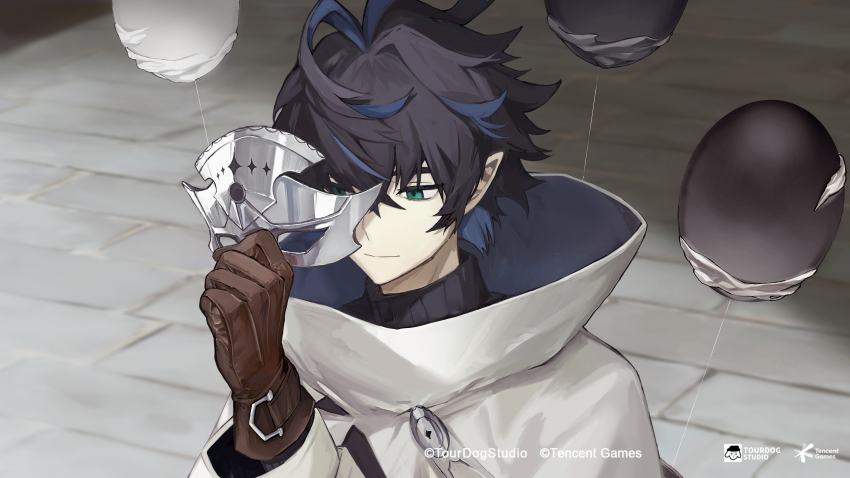 1boy, absurdres, alchemy_stars, antenna_hair, black_hair, black_sweater, brown_gloves, cloak