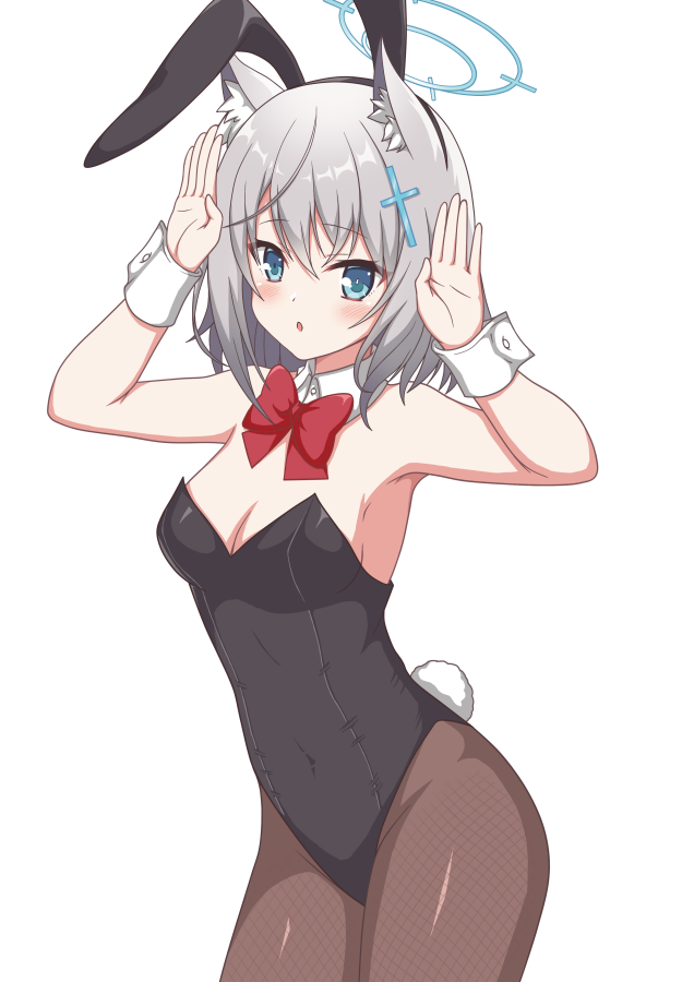 1girl, animal_ear_fluff, animal_ears, black_leotard, black_pantyhose, blue_archive, blue_eyes, bow, bowtie, commentary_request, cowboy_shot, cross_hair_ornament, detached_collar, fake_animal_ears, grey_hair, hair_ornament, halo, leotard, medium_hair, mun_(gunma), pantyhose, playboy_bunny, rabbit_ears, rabbit_pose, rabbit_tail, shiroko_(blue_archive), simple_background, solo, standing, strapless, strapless_leotard, tail, white_background, wrist_cuffs