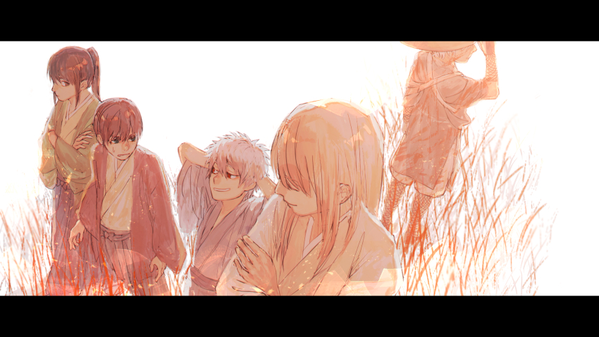 5boys, arms_behind_head, commentary_request, gintama, grasslands, grin, haori, highres