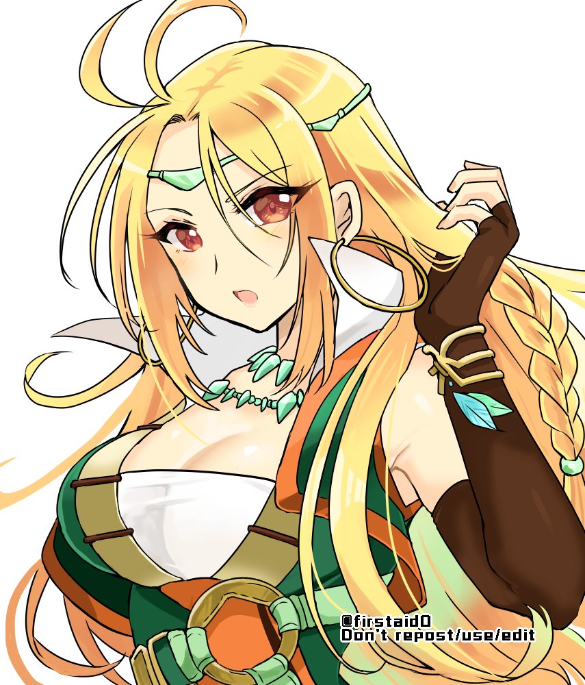 1girl, blonde_hair, braid, breasts, brown_eyes, circlet, earrings, elbow_gloves, fingerless_gloves, fire_emblem, fire_emblem:_genealogy_of_the_holy_war, fire_emblem_heroes, gloves, hoop_earrings, jewelry, large_breasts, long_hair, looking_at_viewer, necklace, nintendo, open_mouth, ullr_(fire_emblem), yukia_(firstaid0)