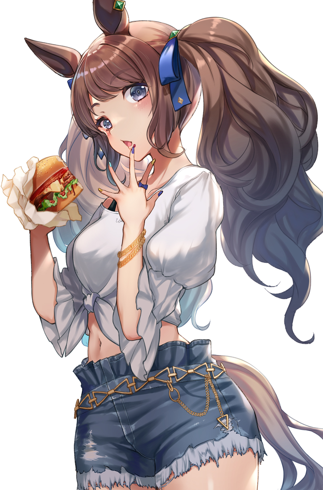1girl, animal_ears, blue_eyes, blue_nails, blue_shorts, blush, brown_hair, burger