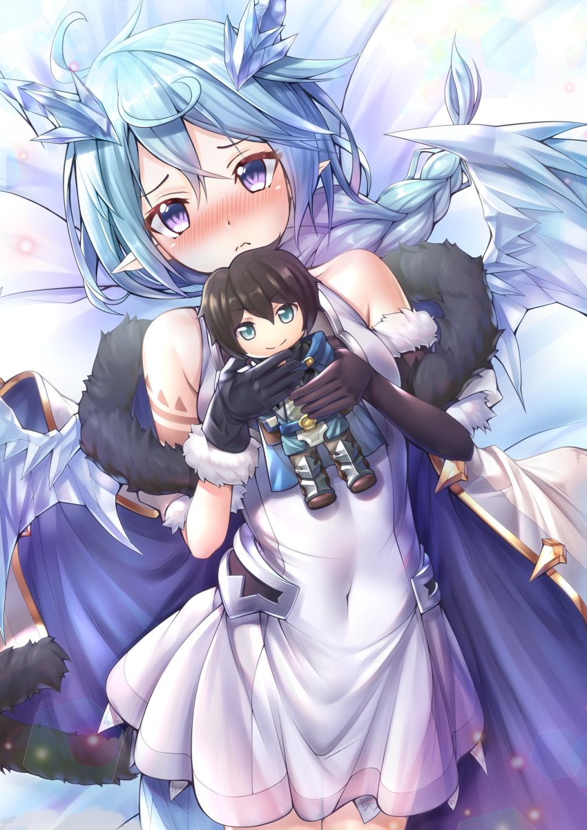 1boy, absurdres, bed, blue_hair, blush, dragon_girl, dragon_horns, dragon_tail