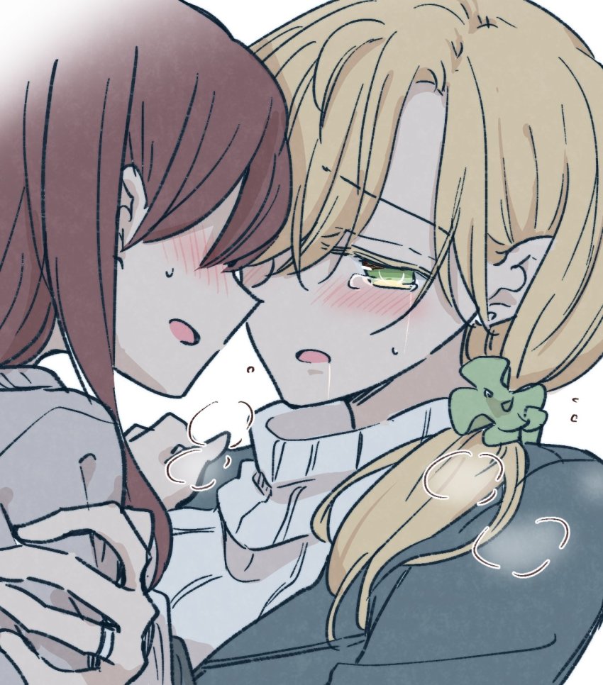 1_x_1/2, 2girls, blonde_hair, blush, commentary_request, faceless, faceless_female, green_eyes