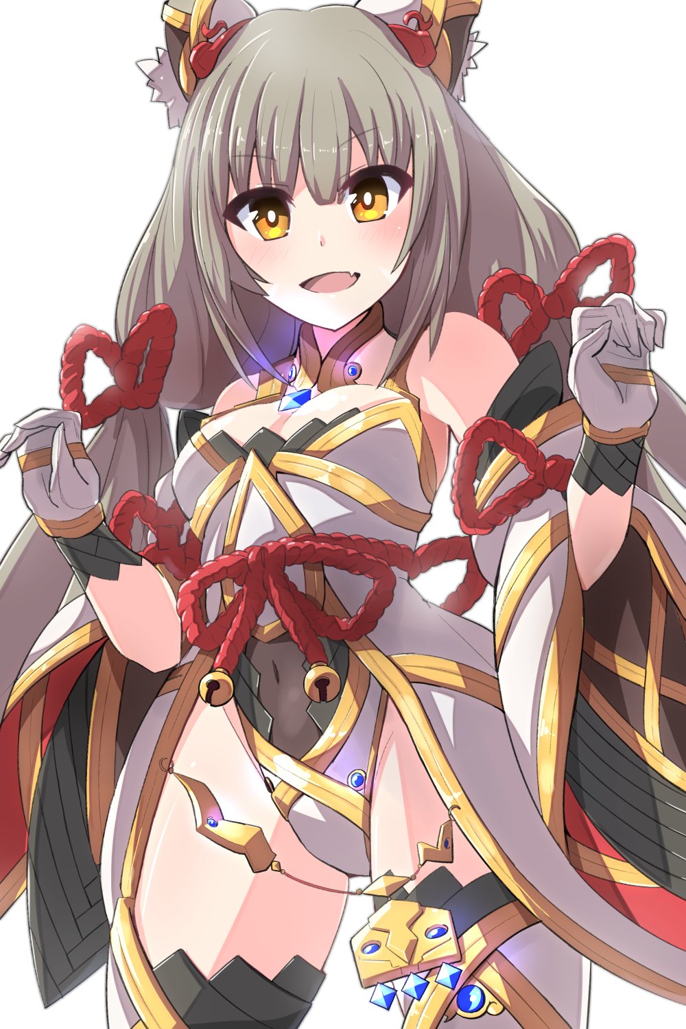 1girl, animal_ears, blunt_bangs, breasts, cat_ears, chest_jewel, cleavage, detached_sleeves