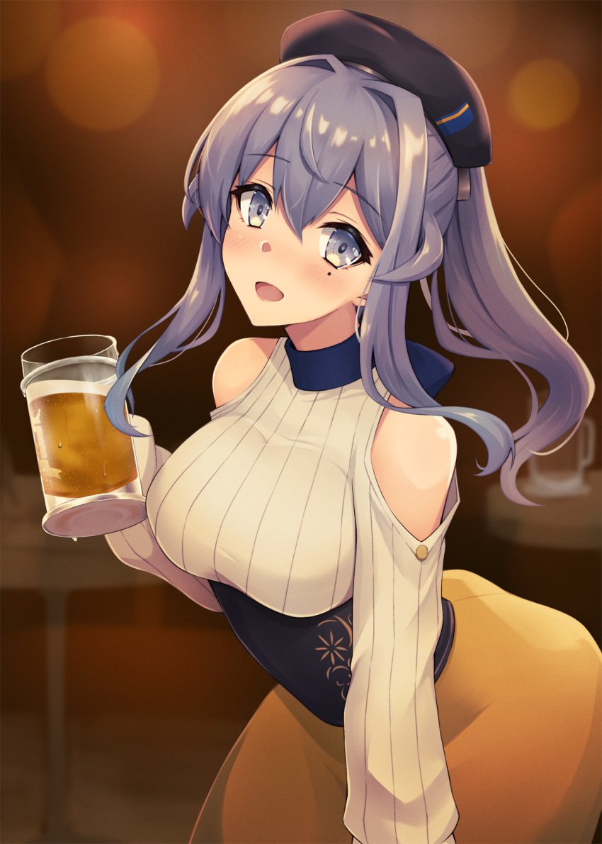 1girl, alcohol, bare_shoulders, beer, beer_mug, black_hat, blue_eyes, blue_hair